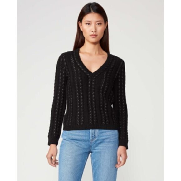 Paige Metallic Dorthea V-Neck Long Sleeve Cable Knit Sweater Black Size L NWT - Picture 1 of 10